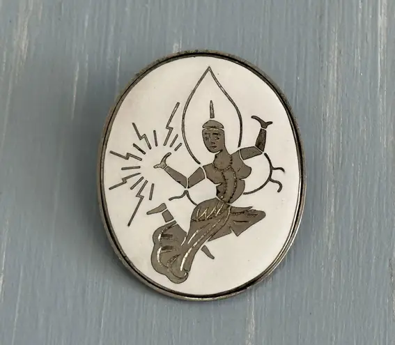 Unique Vintage Brooch Signed Japan White Enamel W Etched Niello Dancer