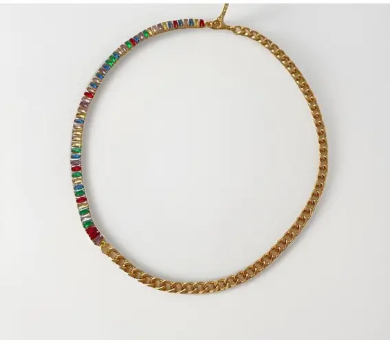 18K Gold Plated Cuban Chain Necklace Multi Cubic Zirconia Womens Jewelry