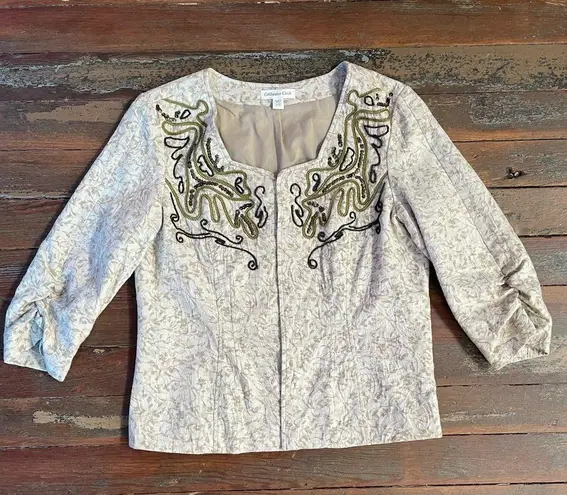 Coldwater Creek Beaded Scroll Embroidered Cream Open Ruched Jacket - Sz 10P 💚🎀