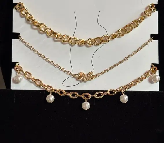 Rhinestone Butterfly & Faux Pearl Chain Ankley Set Gold