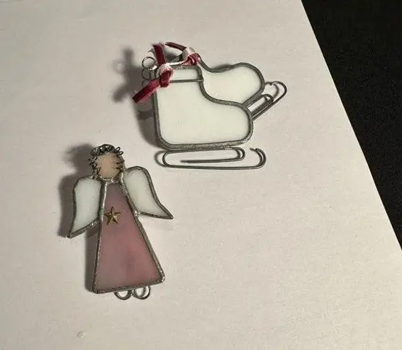 Handmade Glass Christmas Holiday Brooch Pins Lot Of 2 Ice Skates / Angel