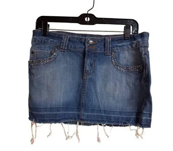 Jordache Womens Denim Mini Skirt With Rhinestone Accents & Frayed Hem
