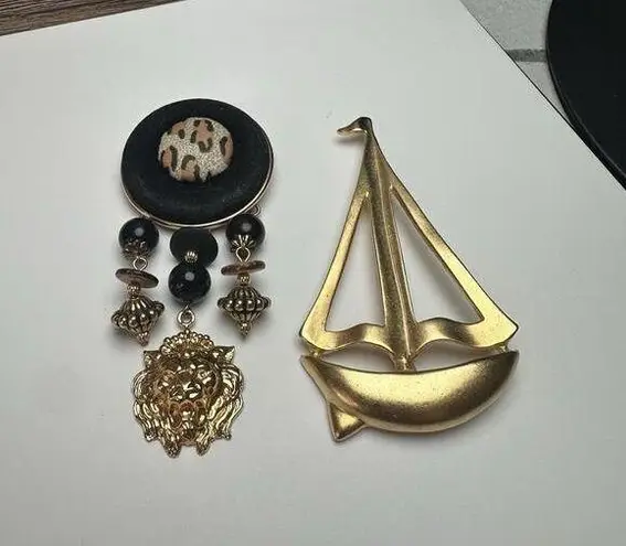Nautical Sailboat Ship & An Animal Print Beaded Brooch Pin Lot Of 2 Gold Tone