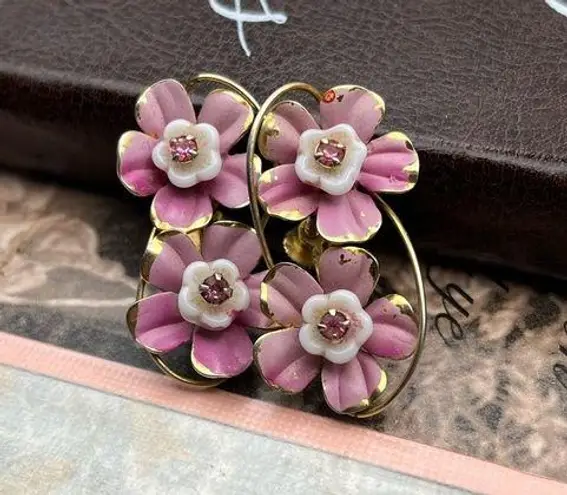 Vintage Purple Rhinestone Oversized Floral Screwback Earrings White