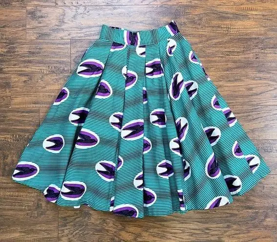 Francis + Benedict • pleated skirt African wax print cotton birds green purple Size XS