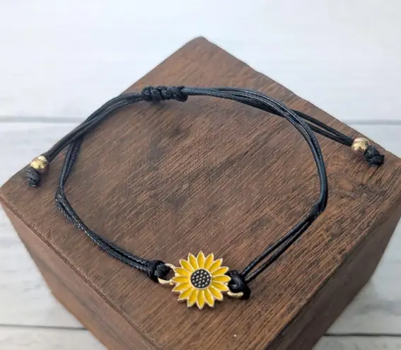 Sunflower Charm Adjustable Bracelet on Black Cord Yellow
