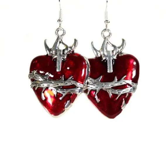 Handmade Grunge Goth Barbed Wire Red Heart Earring Silver-Toned Metal Hypoallergenic Hook