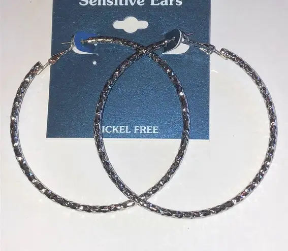 Sensitive Ears Silver Tone Huge Retro Boho Textured Hoop Earrings