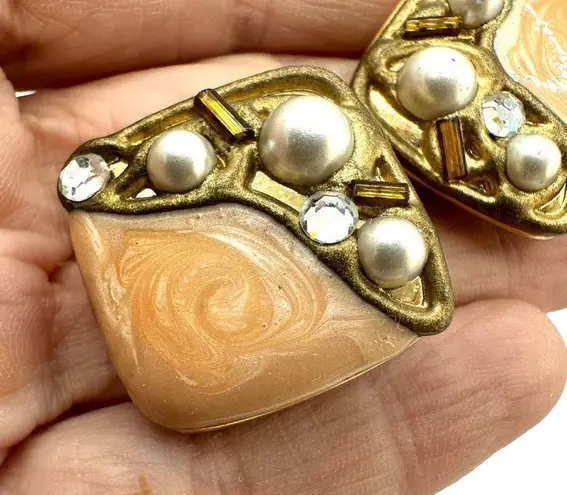 Square faux pearl rhinestone peach earrings Orange