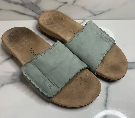 Vionic Women's Sage Green Hook Loop Comfort Slides Slip On Florence Sandals Sz 9