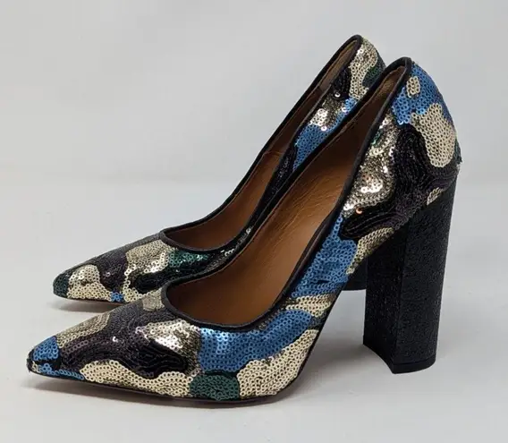 TIFFI Sequin Pointed Toe Block Heels Black Gold Blue Size 37