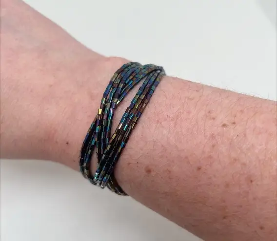 Handmade Lot of 2 Seed Bead Wire Braided Wrap Cuff Bracelets Hand Crafted Black