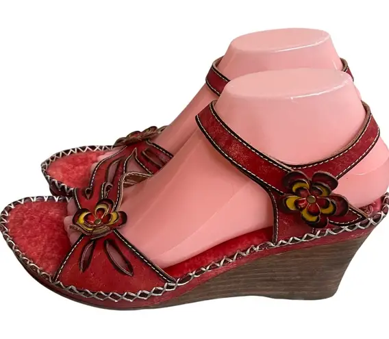 Spring Step Red Leather Floral Wedge Sandals D-Lilith Women's Size 40 USA Sz 9