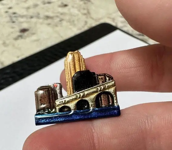 Handmade Handcrafted Enameled City Scene Building With Bridge Brooch Pin