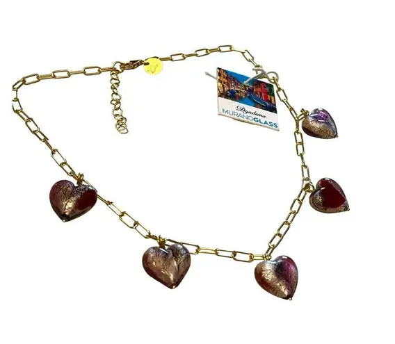NEW Venetian Murano Glass HEARTS NECKLACE Silver Foil Dyadema Made In Italy NWT Gold