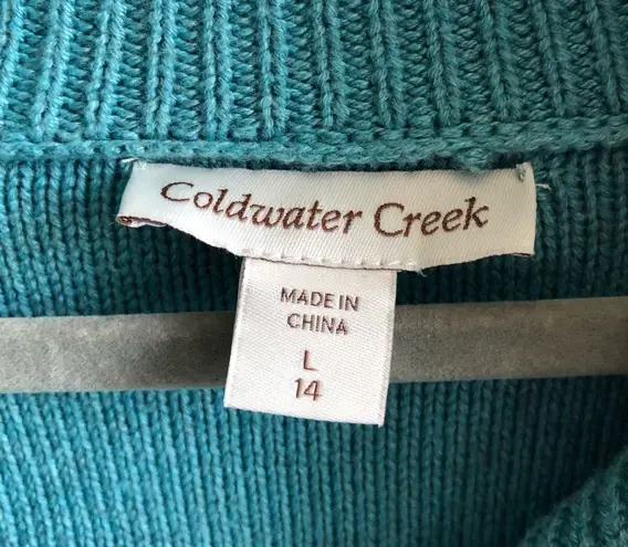 Coldwater Creek Sweater Teal Blue Shawl Collar Cableknit Sz L (14) GUC