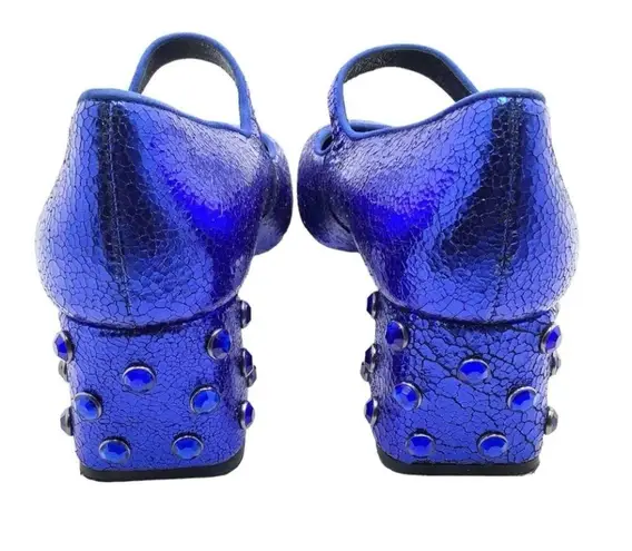 Geox Respira Metallic Blue Mary Jane Block Embellished Jewel Block Heel 37.5 7