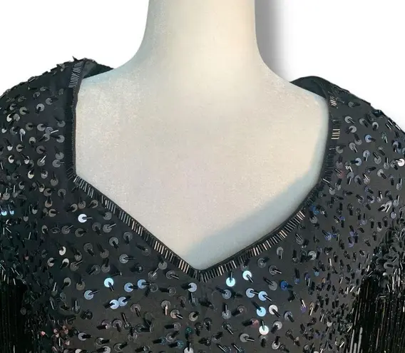 Vintage 80s Cocktail Dress Silk Black Metallic Sequin Fringe Sleeve Size 10