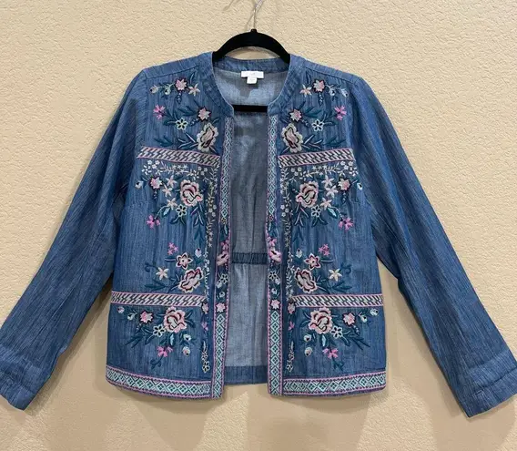 J Jill Floral Embroidered Denim Open Front Jacket Women’s Sz S Boho Hippie EUC Blue