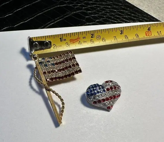 Lot Of 2 Brooch Pins American Flag / Heart Red White & Blue Patriotic