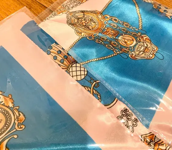 Tassel Rope Pattern silk Scarf baby pink /turquoise SQUARE SILKY SCARF 35/35 Blue