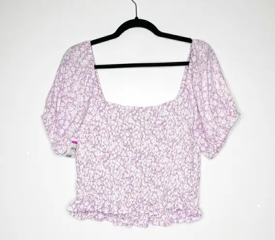 Lost + Wander NWT Smocked Floral Crop Blouse Top Women Purple White Size Large