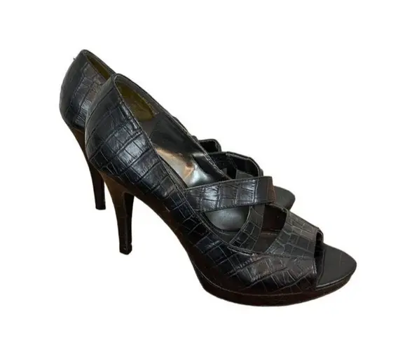 Women's Allure Size 8.5M Stiletto Peep Toe Heels Platform Crocodile Embossed Black