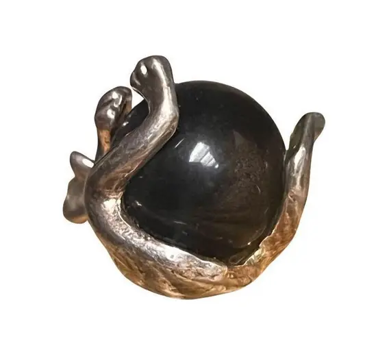 Antique Sterling Silver Monkey Holding Round Tigers Eye Ball Pendent Silver