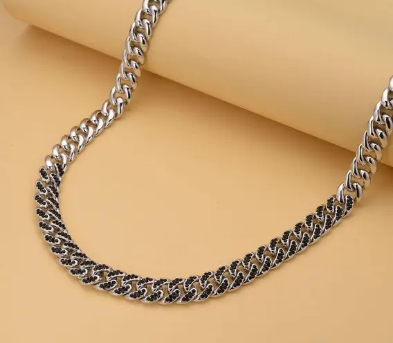Black Austrian Crystal Curb Link Chain Necklace Silver