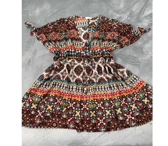 EMBER Coffee Brown Deep Vneck Tie Cuffs Festival Boho Blouse Top Large vacation