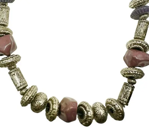 Handmade Mix Media Artisan Silver and Purple Bead Chunky Statement Boho Necklace