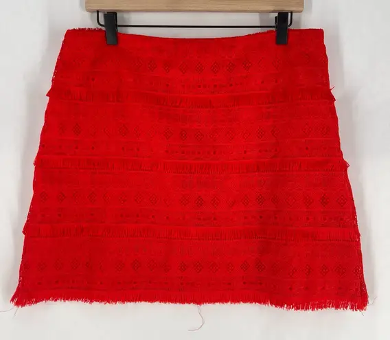 J. Crew Factory Red Fringe Lace Mini Skirt Exposed Zipper Size 12