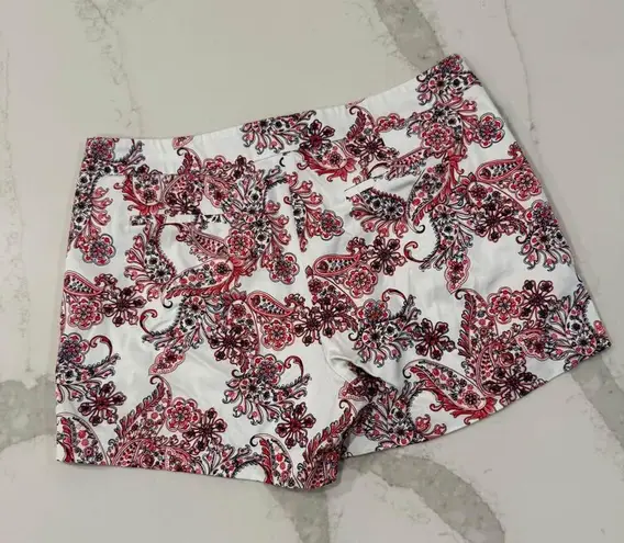 Kenzie Paisley Flat Front Chino Shorts Women's 12 Mid Rise White/Red Preppy Boho White