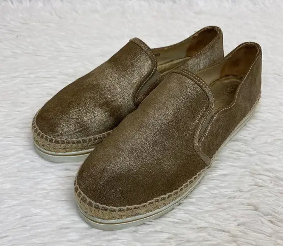 Jimmy Choo Dawn Metallic Gold Suede Slip On Espadrille Size EU 38 US 8
