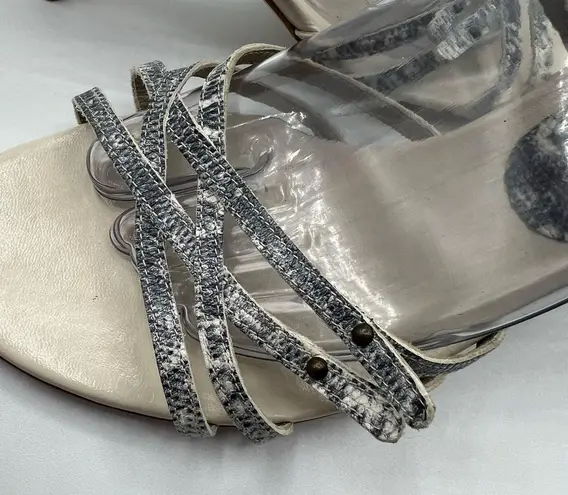 Furla Snakeskin Embossed Leather Strappy Ankle Heel Sandals Cream Size 39 US 8.5