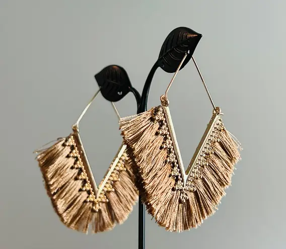 Brand New Tan Fringe Chevron Dangle Gold Tone Earrings Costume Jewelry Buy 3/$21