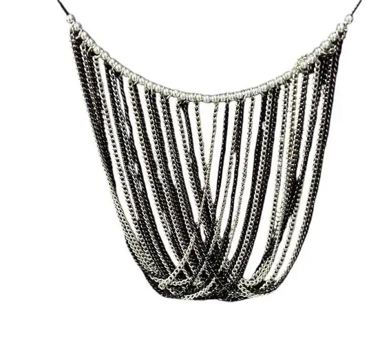 Black and Silver Beaded Multistrand Fringe Necklace for Special Occasions