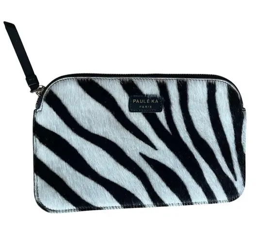 Paule Ka Zebra Print Pony Hair Clutch Purse Pouch Black