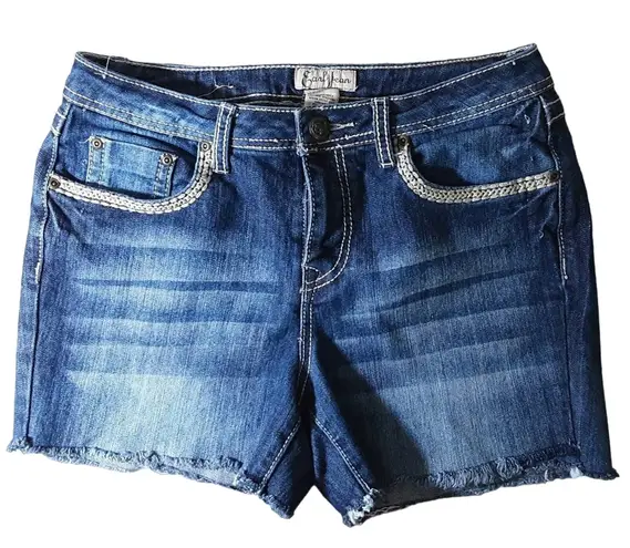Earl Jean Blue Denim Shorts Size 10 Distressed Raw Hem Contrast Stitching