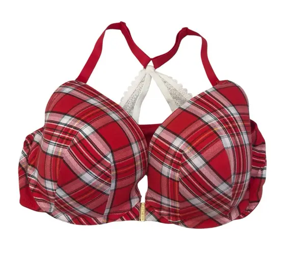 Cacique Red Plaid Boost Plunge Bra Lace Trim Underwire Padded Push Up 40DD