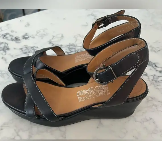 Salvatore Ferragamo Brown Leather Wedge Ankle Strap Sandals Size 8 1/2 EUC
