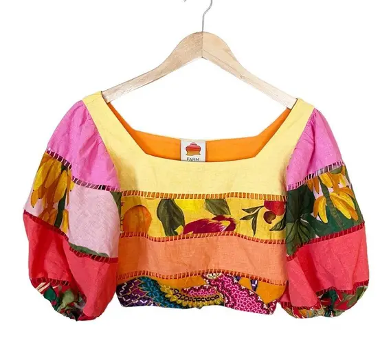 Farm Rio Tiered Top Rainbow Mixed Print Cropped Linen Multicolor Puff Sleeve Sm