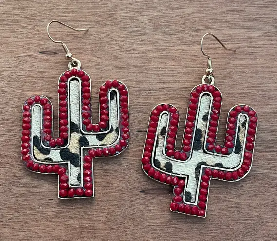 Red Saguaro Cactus Earrings with Leopard Print