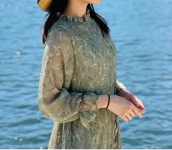 Floral Print Pleated Ruffle Midi Prairie Dress Green Size XS S