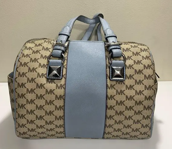 Michael Kors Bedford Satchel Handbag Blue Leather Trim MK Logo Canvas