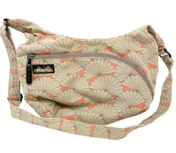 KAVU  Tan Coral Floral Canvas Crossbody Big Pocket Bag Purse Carry