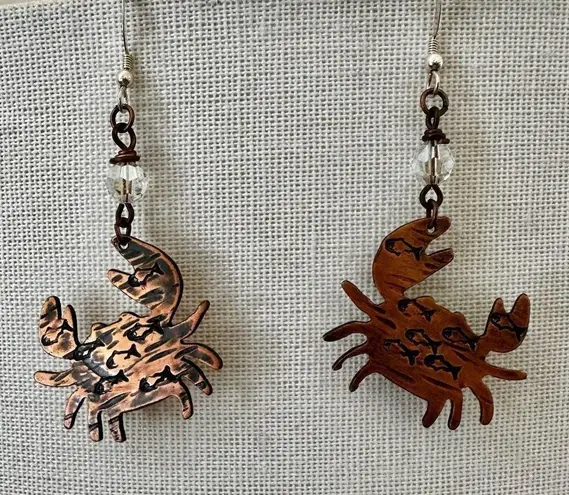 Handmade Copper Crab Earrings with Etched Fish & Crystal Beads