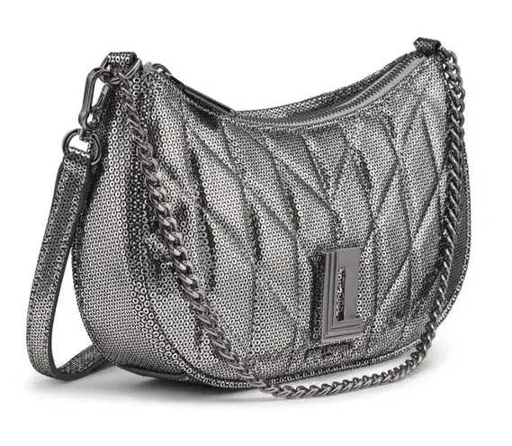 Karl Lagerfeld NWOT Lafayette Shoulder Bag Sequns 100% Goat Leather Grey