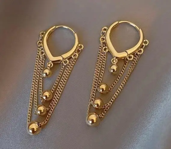 18K Gold Plated Metal Ball Tassel Chain Dangle Drop Earrings for Women