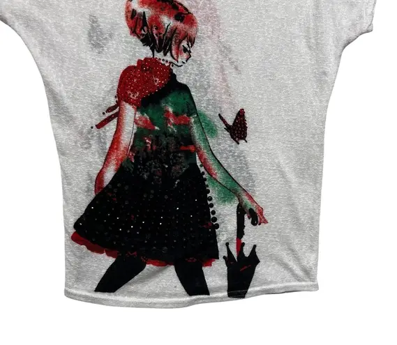 Artsy Boutique Top M White Cotton Beaded Graphic Whimsigoth Fairy Festival Indie Size M